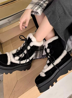 2026冬新款隐形内增高10厘米真皮厚底圆头毛边短筒坡跟雪地靴B508