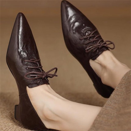 2025秋新款隐形内增高5厘米 羊皮欧式尖头系带小皮鞋坡跟单鞋B189