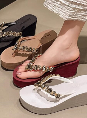 2026夏季新款隐形增高8厘米 闪亮进口手工水钻坡跟人字拖鞋女A876