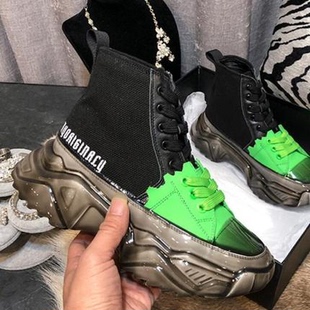 舒适坡跟 莱咖女鞋 牛皮拼帆布 拼色 7337K 系带 隐形内增高10厘米