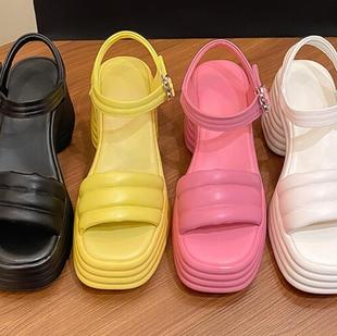 新款 隐形增高9厘米 舒适羊皮露趾粗跟防水台韩版 9009 夏季 时装 鞋