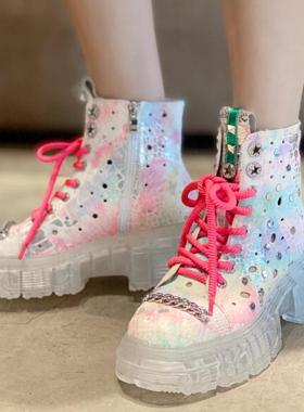 隐形内增高9厘米 进口马毛镂空透气纹理拼色高帮鞋 莱咖女鞋7855K