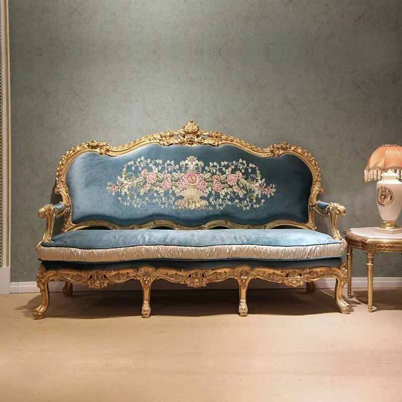 法式宫廷风奢华实木手工雕花别墅家具欧式香槟金三人古典布艺沙发