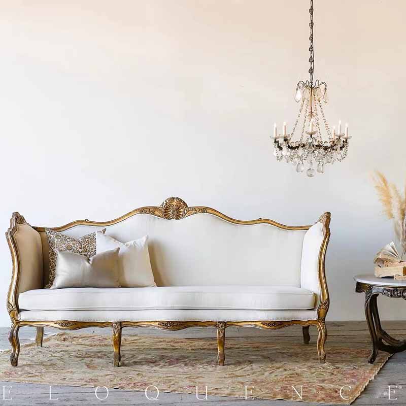 欧式复古实木雕花做旧双三人沙发法式古董别墅客厅轻奢布艺沙发