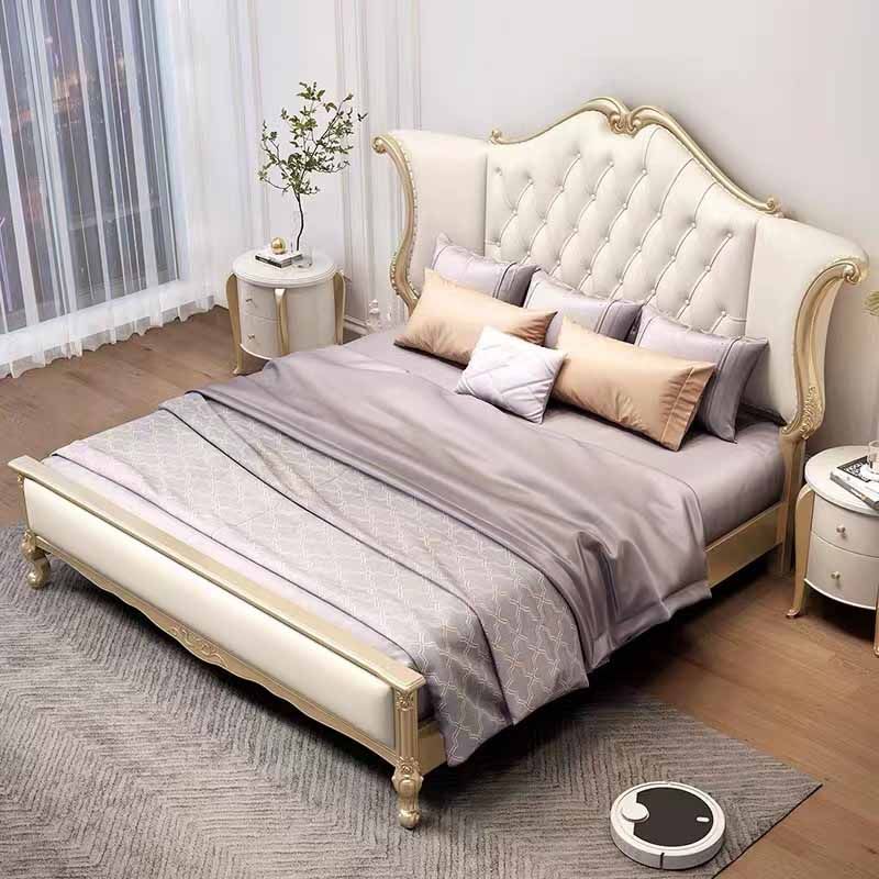 欧式轻奢实木雕花皮艺床美式小户型简约主卧香槟金色双人床婚床
