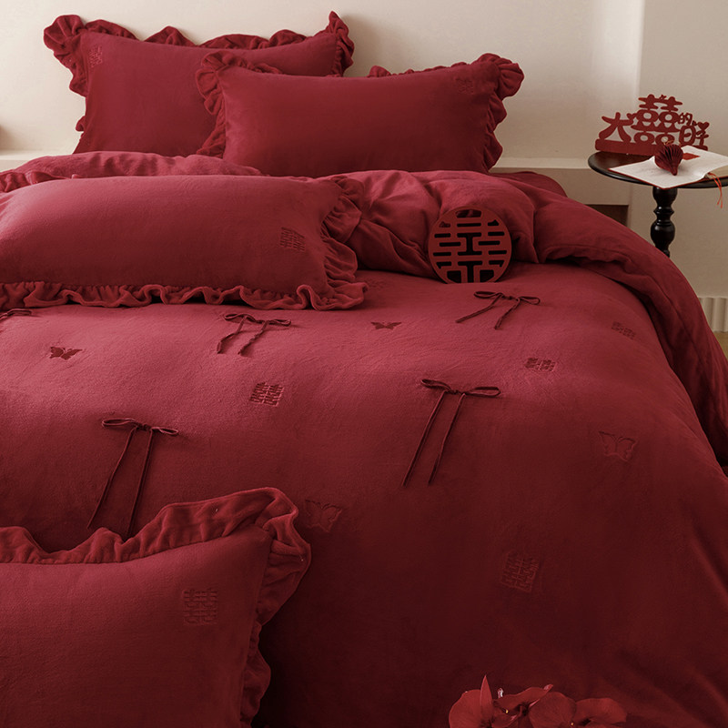 法式浪漫婚庆冬季牛奶绒四件套加厚保暖刺绣织带被套保暖床上用品,床上用品,婚庆床品套件,淘宝优惠券,粉丝福利购,淘宝优惠卷