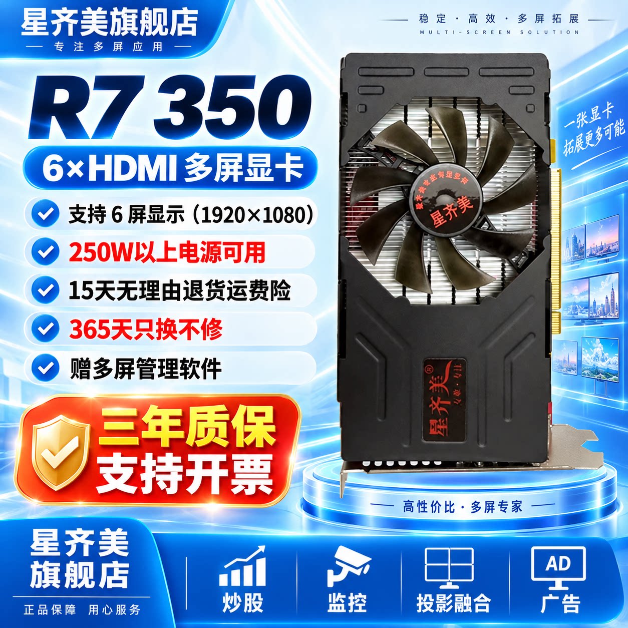 星齐美R7 350 6HDMI多屏显卡 六屏同显台式电脑炒股拼接办公显卡图片