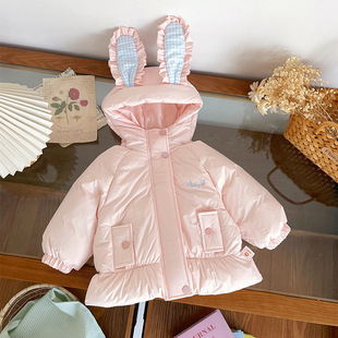 女宝宝中长款羽绒服冬季新款连帽兔耳朵粉色女童可爱甜美加厚外套
