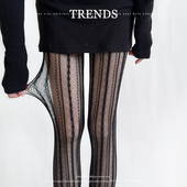 提花显瘦连裤 纯欲甜辣风 复古菱格竖条纹蕾丝网袜女个性 打底丝袜