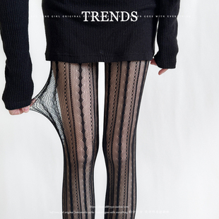 纯欲甜辣风~~复古菱格竖条纹蕾丝网袜女个性提花显瘦连裤打底丝袜