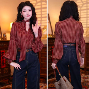 复古港风高级感飘带衬衫女薄款长袖打底春潮法式格子上衣别致衬衣