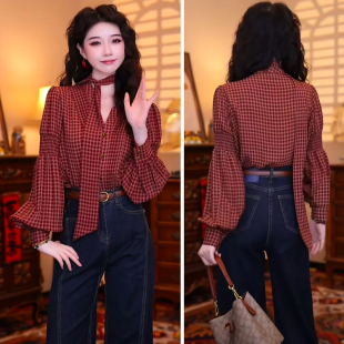 复古港风高级感飘带衬衫女薄款长袖打底春潮法式格子上衣别致衬衣