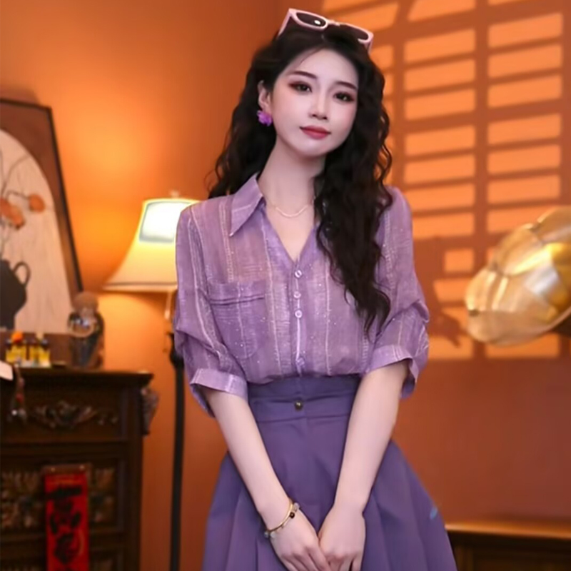復(fù)古港風(fēng)短袖襯衫女式薄款夏chic潮法式小眾寬松上衣獨(dú)特漂亮襯衣