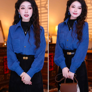 小衫 打底冬chic别致上衣拼接独特法式 长袖 怀旧复古港风假两件衬衫