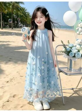 女童夏季挂脖绣花网纱连