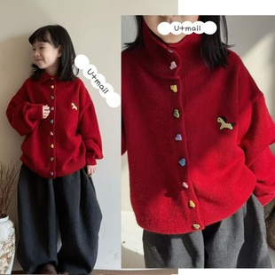 毛衣可配亲子3328 女童洋气爱心彩扣小马图案开衫 品牌童装 2025冬款