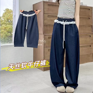 拾在品牌童装 新款 女童蕾丝花边原色弯刀牛仔裤 中大童1578 2025夏季