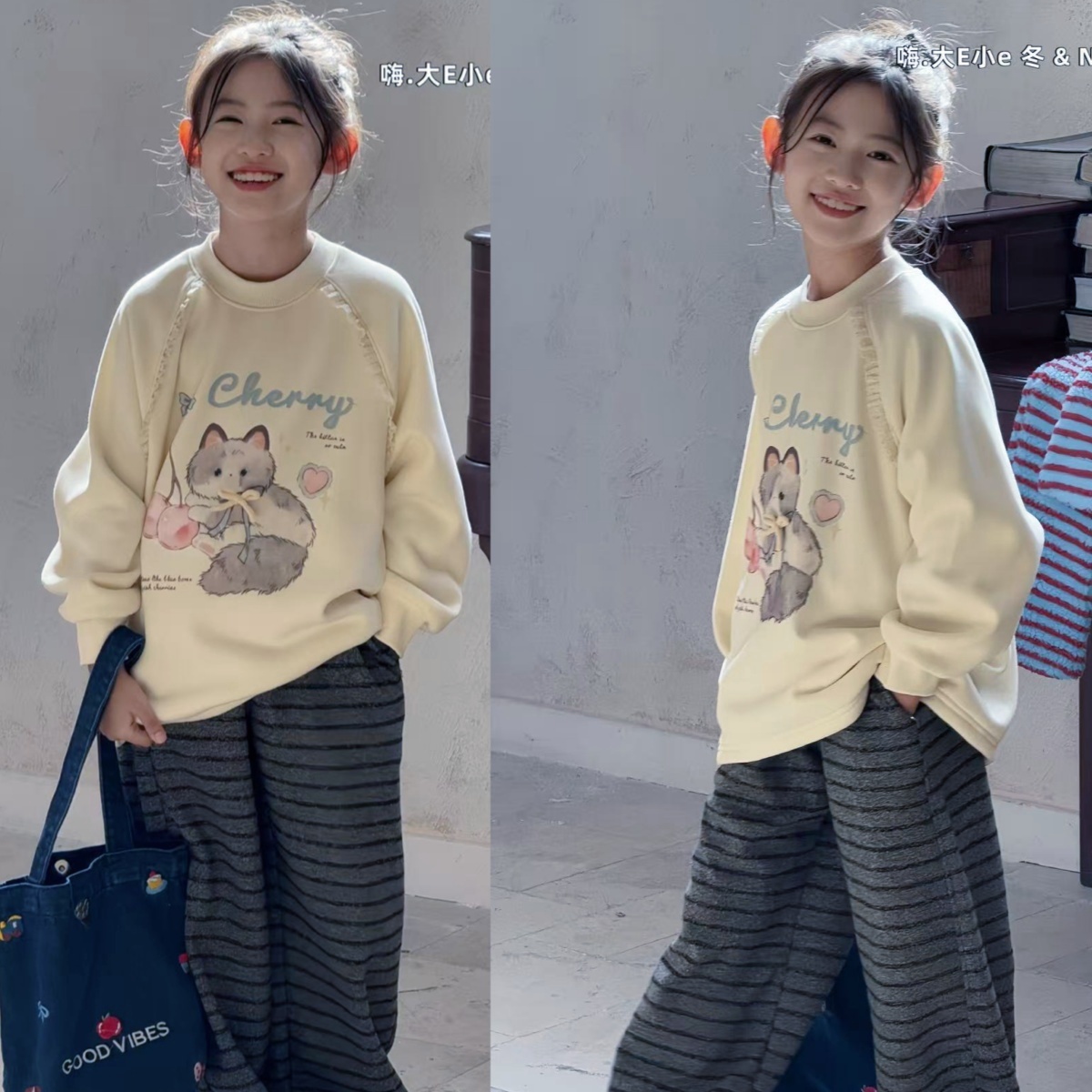 女童一体绒小猫花边中长款卫衣