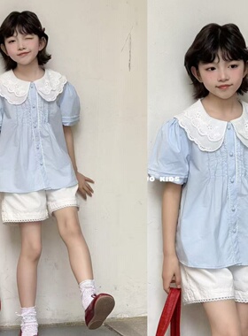 牛哆哆童装2025夏季新款女童洋气花边清新甜美时尚短袖衬衫39182