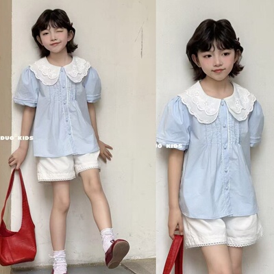 牛哆哆夏季女童洋气花边短袖衬衫