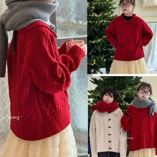 G+童装女童线衣开衫2024冬款儿童红色圣诞新年毛衣男女中大童6871