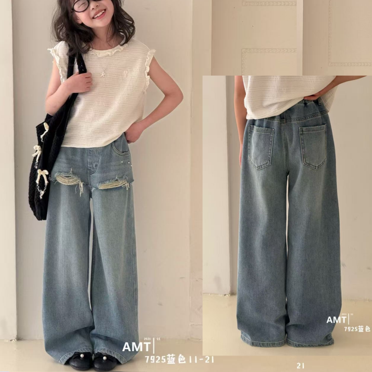 爱木橦女童春季百搭阔腿牛仔裤图片
