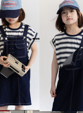 牛哆哆童装2025夏款女童牛仔背带裙中大童休闲条纹短袖T恤82108