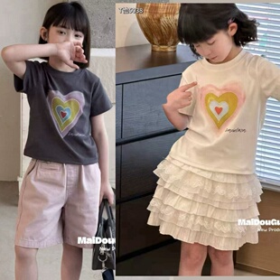 品牌童装2026夏季女童新款韩系百搭休闲短款爱心圆领短袖T恤5038