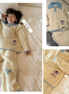 U+mail 童装2025冬新款男女童卡通保暖家居服长裤加厚套装3311