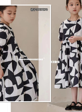 牛哆哆2024夏季新款时尚韩版女童圆领中大童洋气拼色连衣裙37270