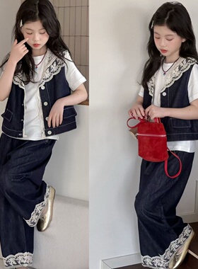 wooso2026夏季女童套装中大童蕾丝边牛仔马甲+直筒裤三件套33355
