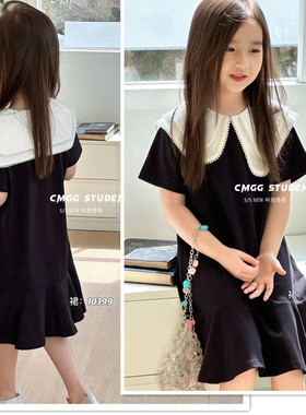 叫我格格女童连衣裙2024夏季新款娃娃领撞色拼接宽松小黑裙10399