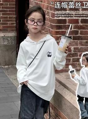 布芮欧童装2024秋季新款女童中大童小樱桃连帽蕾丝花边卫衣36071