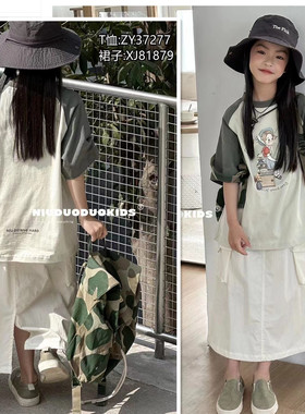 牛哆哆夏季新款2024女童时尚韩版洋气圆领卡通动漫拼色短袖T37277