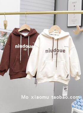 牛哆哆男女童一体绒卫衣秋冬新款中大童字母连帽套头衫51873