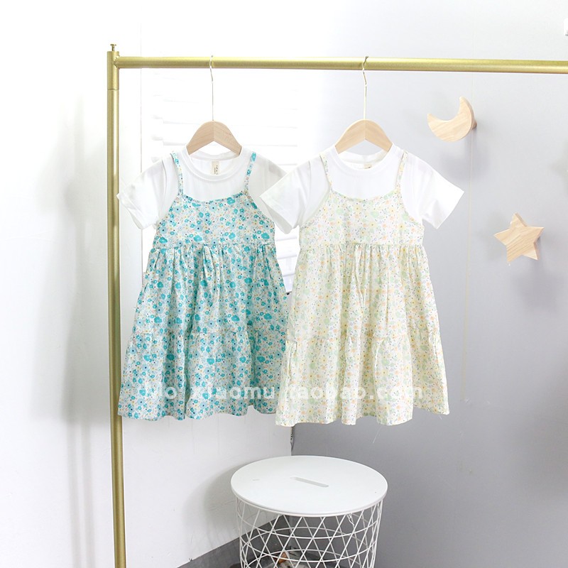 夏装新款儿童假两件韩版碎花裙子