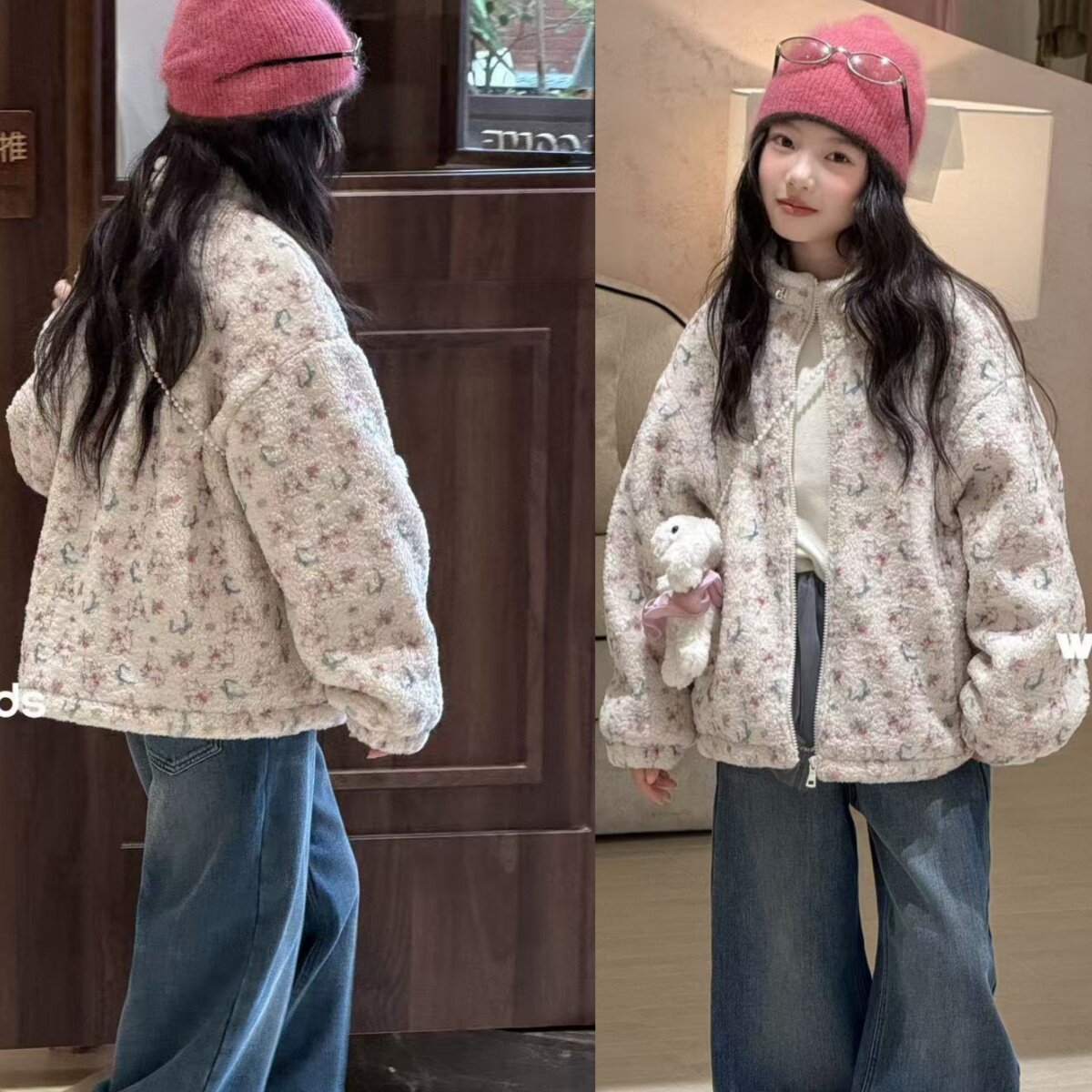 wooso吾束童装2026秋冬女童新款韩版卡通加厚羊羔毛毛外套96592