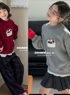 舟由童装2025冬季款儿童樱桃刺绣一体绒假两件卫衣女童套头衫6167