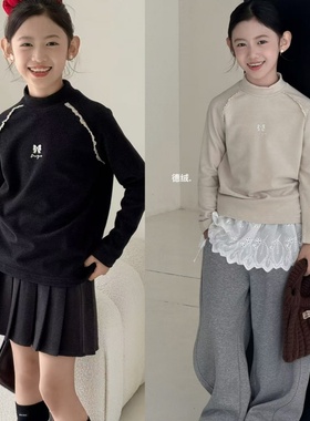 嗨大E小e女童2025冬款半高领暖暖绒蝴蝶结花边打底衫德绒T恤9923