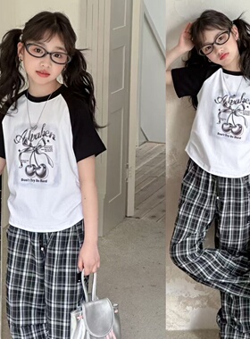 牛哆哆童装2025夏新款女童樱桃印花碎钻字母拼色短款短袖T恤55090