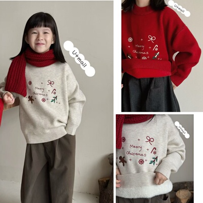 男女童加绒圣诞风刺绣针织毛衣
