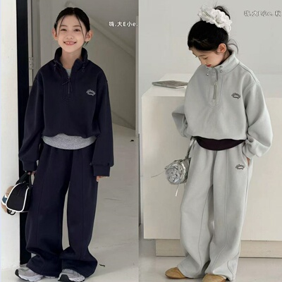 女童假两件运动风刺绣韩版套装