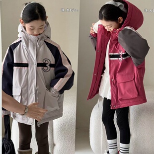 嗨大E小E童装 儿童洋气夹棉户外拼色连帽冲锋衣棉服25891 2025冬款