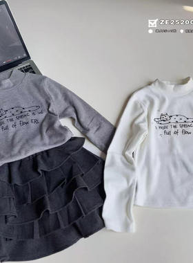 嗨大E小e童装2025秋冬新品女童小猫字母磨毛半高领打底衫T恤25200