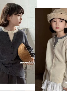 wooso童装2025秋新款儿童针织衫拼接V领假两件套头韩版毛衣99616