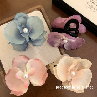 春夏2024新款 蝴蝶兰珍珠双面抓夹超仙后脑勺鲨鱼夹女春游发饰抓夹