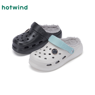 热风男鞋2025年冬季新款男士加绒保暖家居拖鞋灰色厚底包头半拖