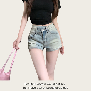 复古腰部双扣牛仔短裤 显瘦热裤 女夏季 高腰弹力修身 子 2025新款 美式