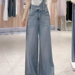 连体休闲裤 斜肩牛仔背带裤 高腰宽松显瘦直筒拖地裤 新款 女2025秋季
