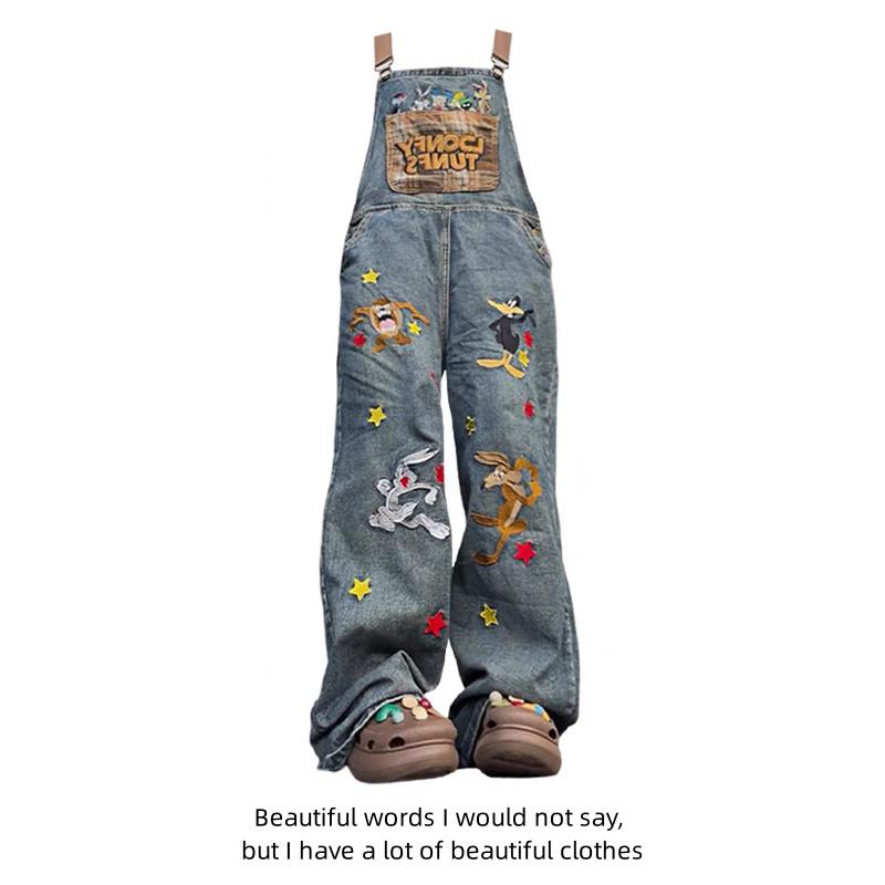 美式复古卡通刺绣牛仔背带裤女2025春秋新款慵懒风重工阔腿连体裤